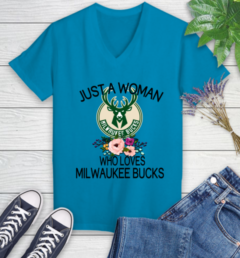 NBA Just A Woman Who Loves Milwaukee Bucks Basketball Sports Women's V-Neck T-Shirt 4