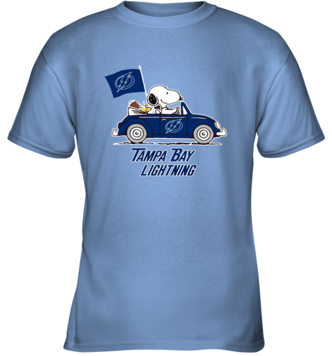 Snoopy And Woodstock Ride The Tampa Bay Lightnings Car qeth snoopy and woodstock ride the tampa bay lightnings car youth t shirt 26 front carolina blue