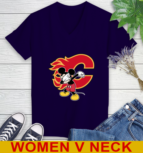 Calgary Flames NHL Hockey Dabbing Mickey Disney Sports Women's V-Neck T-Shirt 4