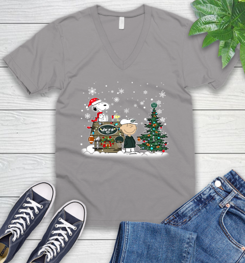 NFL New York Jets Snoopy Charlie Brown Christmas Football Super Bowl Sports V-Neck T-Shirt 3