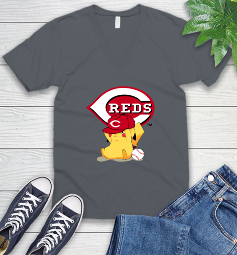 MLB Pikachu Baseball Sports Cincinnati Reds V-Neck T-Shirt 5