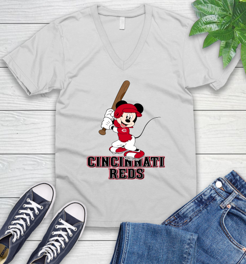 MLB Baseball Cincinnati Reds Cheerful Mickey Mouse Shirt V-Neck T-Shirt 2