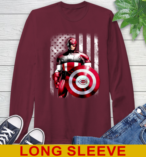 Cincinnati Reds MLB Baseball Captain America Marvel Avengers American Flag Shirt Long Sleeve T-Shirt 7