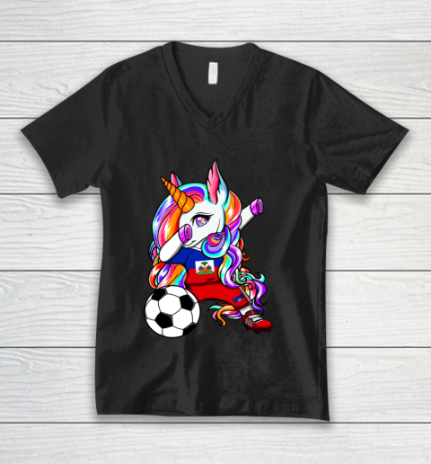 Dabbing Unicorn Haiti Soccer Fans Jersey Haitian Football V-Neck T-Shirt