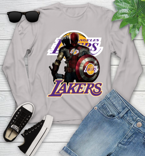 Los Angeles Lakers NBA Basketball Captain America Thor Spider Man Hawkeye Avengers Youth Long Sleeve 12
