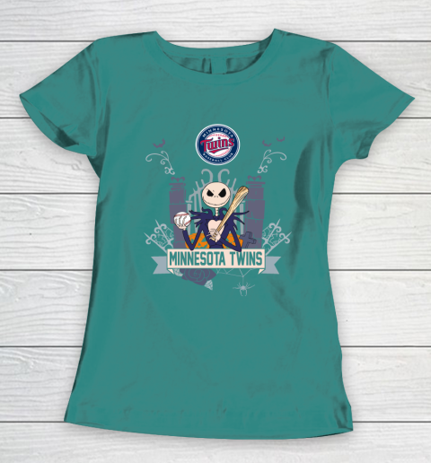MLB Minnesota Twins Baseball Jack Skellington Halloween Women's T-Shirt 10