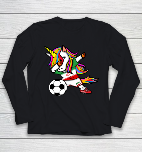 Funny Dabbing Unicorn Iran Football Iranian Flag Soccer Youth Long Sleeve