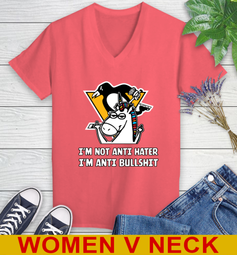 Pittsburgh Penguins NHL Hockey Unicorn I'm Not Anti Hater I'm Anti Bullshit Women's V-Neck T-Shirt 7