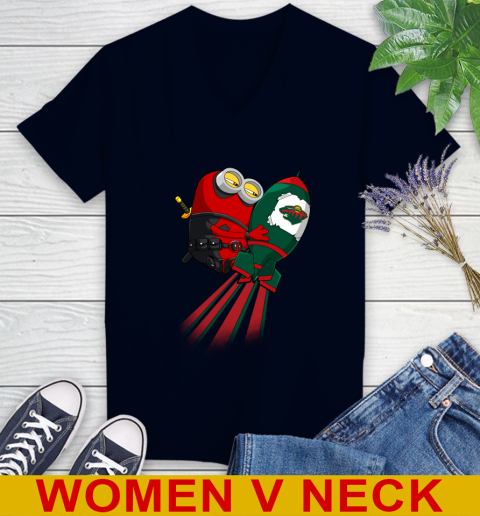 NHL Hockey Minnesota Wild Deadpool Minion Marvel Shirt Women's V-Neck T-Shirt 2