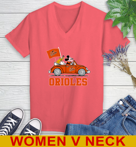 MLB Baseball Baltimore Orioles Pluto Mickey Driving Disney Shirt Women's V-Neck T-Shirt 7