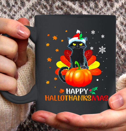 Black Cat Halloween And Merry Christmas Happy Hallothanksmas Ceramic Mug 11oz
