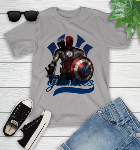 MLB Captain America Thor Spider Man Hawkeye Avengers Endgame Baseball New York Yankees Youth T-Shirt 4