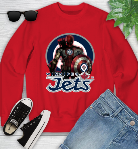NHL Captain America Thor Spider Man Hawkeye Avengers Endgame Hockey Winnipeg Jets Youth Sweatshirt 9