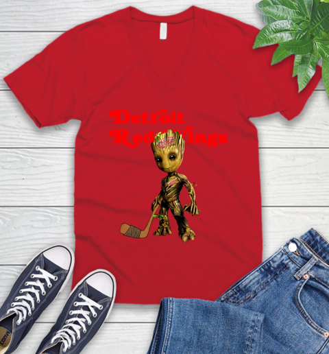 Detroit Red Wings NHL Hockey Groot Marvel Guardians Of The Galaxy V-Neck T-Shirt 7