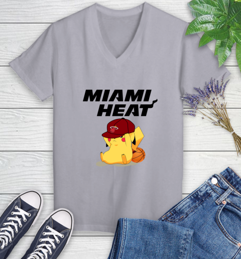 NBA Pikachu Basketball Sports Miami Heat Women's V-Neck T-Shirt 4