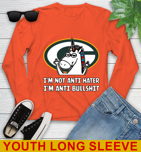 Green Bay Packers NFL Football Unicorn I'm Not Anti Hater I'm Anti Bullshit Youth Long Sleeve 4