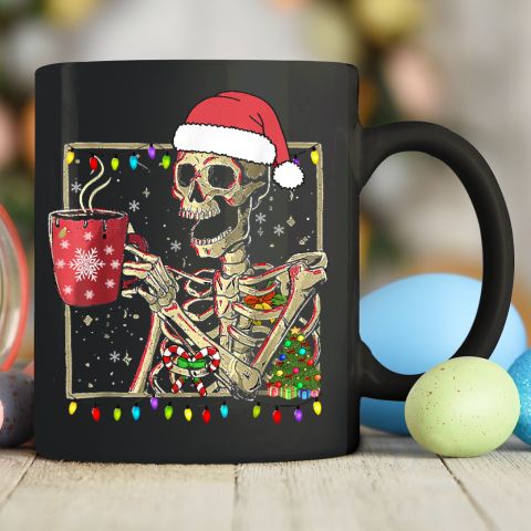 Christmas Skeleton With Smiling Skull Drinking Coffee Latte Ceramic Mug 11oz