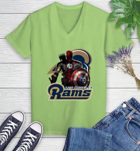 NFL Captain America Thor Spider Man Hawkeye Avengers Endgame Football Los Angeles Rams Women's V-Neck T-Shirt 11