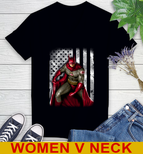 Cincinnati Reds MLB Baseball Batman DC American Flag Shirt Women's V-Neck T-Shirt