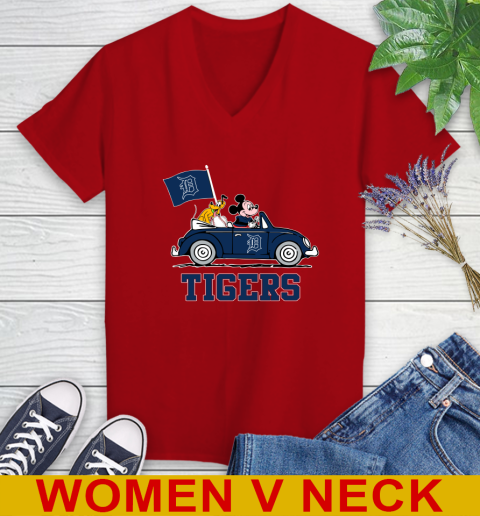 MLB Baseball Detroit Tigers Pluto Mickey Driving Disney Shirt Women's V-Neck T-Shirt 12