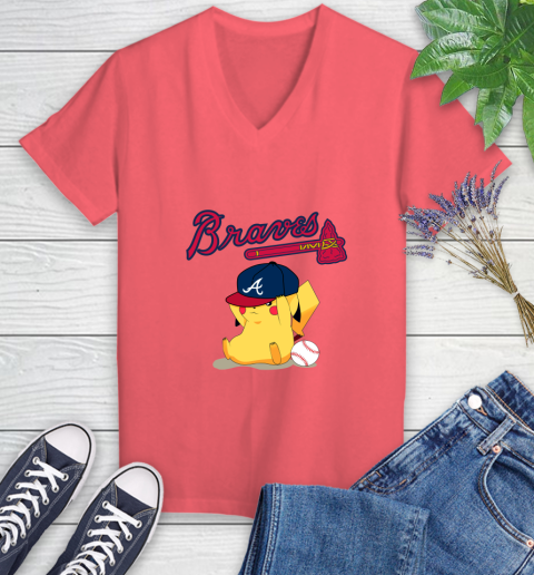 MLB Pikachu Baseball Sports Atlanta Braves Women's V-Neck T-Shirt 6
