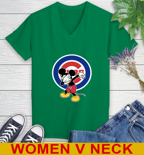 Chicago Cubs MLB Baseball Dabbing Mickey Disney Sports Women's V-Neck T-Shirt 6