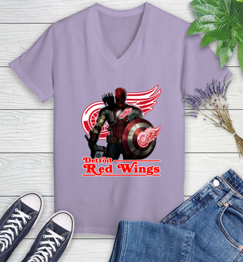 NHL Captain America Thor Spider Man Hawkeye Avengers Endgame Hockey Detroit Red Wings Women's V-Neck T-Shirt 14