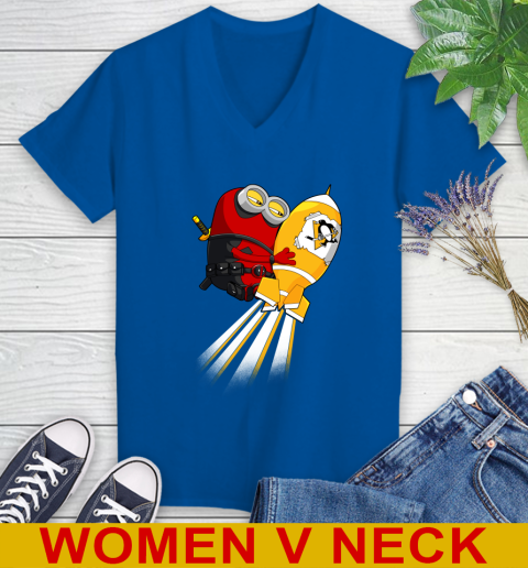 NHL Hockey Pittsburgh Penguins Deadpool Minion Marvel Shirt Women's V-Neck T-Shirt 9