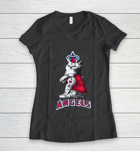MLB Baseball My Cat Loves Los Angeles Angels Women's V-Neck T-Shirt 6