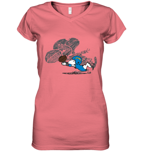 24xj los angeles chargers snoopy plays the football game women v neck t shirt 39 front coral