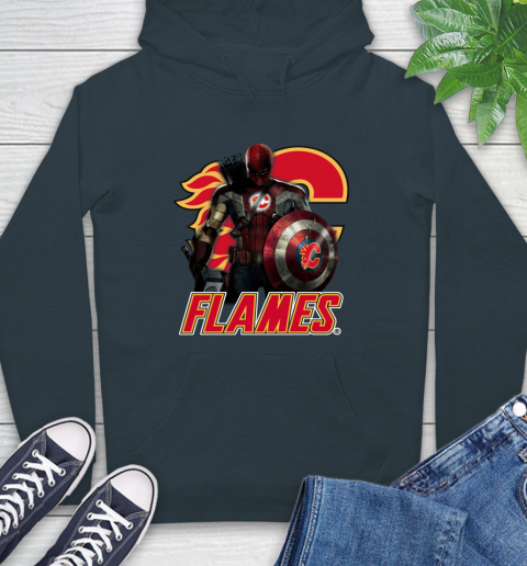 NHL Captain America Thor Spider Man Hawkeye Avengers Endgame Hockey Calgary Flames Hoodie 7