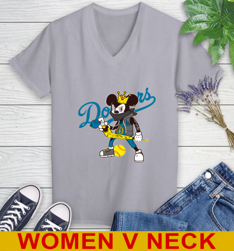 Los Angeles Dodgers MLB Baseball Mickey Peace Sign Sports Women's V-Neck T-Shirt 5