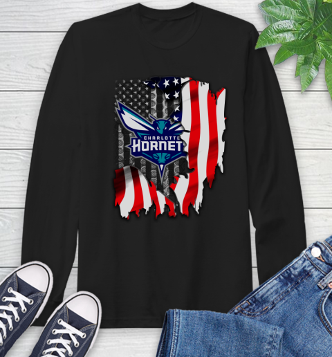 Charlotte Hornets NBA Basketball American Flag Long Sleeve T-Shirt