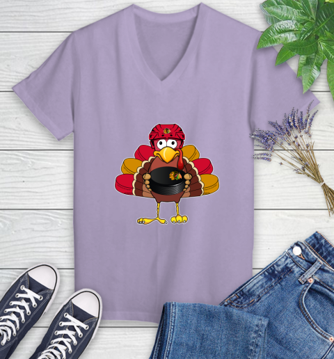 Chicago Blackhawks Turkey Thanksgiving Day Women's V-Neck T-Shirt 14
