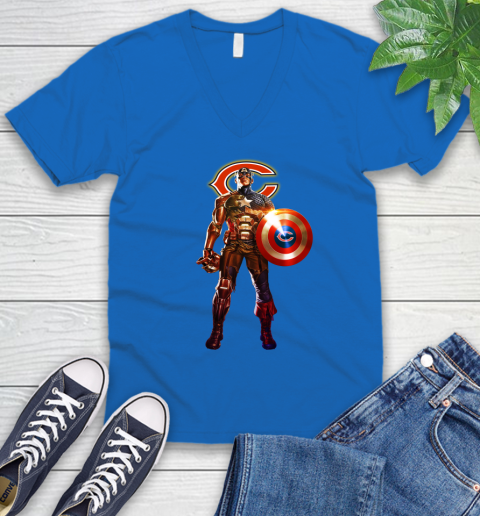 NFL Captain America Marvel Avengers Endgame Football Sports Chicago Bears V-Neck T-Shirt 6