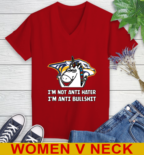 Nashville Predators NHL Hockey Unicorn I'm Not Anti Hater I'm Anti Bullshit Women's V-Neck T-Shirt 12