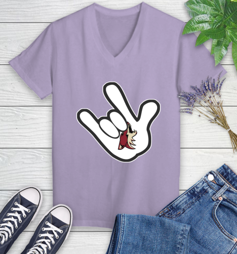 Arizona Coyotes NHL Hockey Mickey Rock Hand Disney Women's V-Neck T-Shirt 14