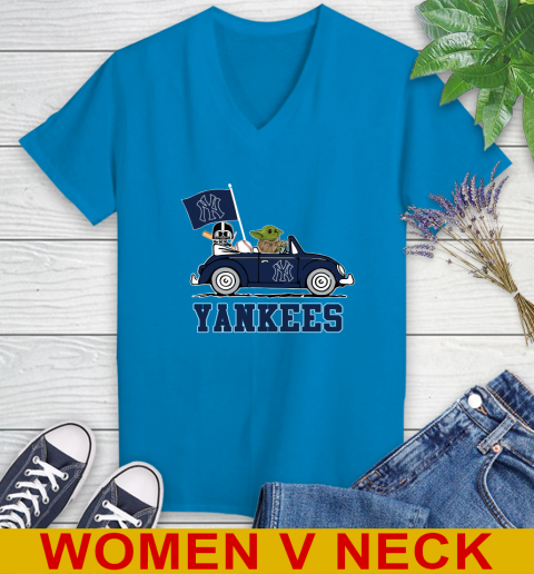 MLB Baseball New York Yankees Darth Vader Baby Yoda Driving Star Wars Shirt Women's V-Neck T-Shirt 8