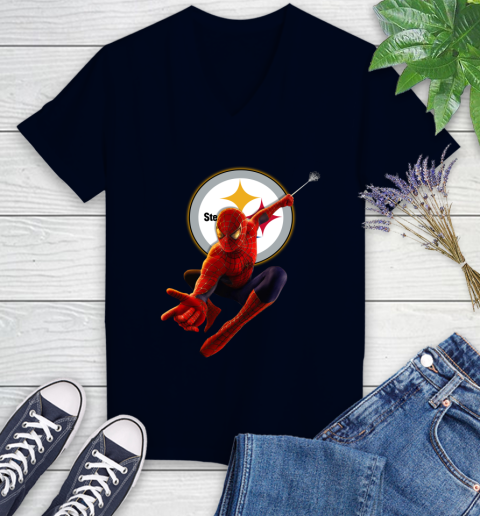 NFL Spider Man Avengers Endgame Football Pittsburgh Steelers Women's V-Neck T-Shirt 3