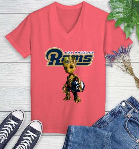 Los Angeles Rams NFL Football Groot Marvel Guardians Of The Galaxy Women's V-Neck T-Shirt 6
