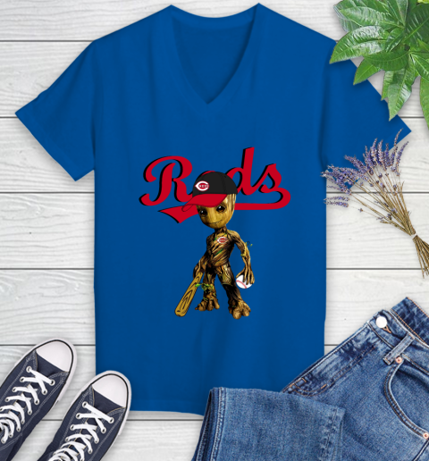 MLB Cincinnati Reds Groot Guardians Of The Galaxy Baseball Women's V-Neck T-Shirt 10