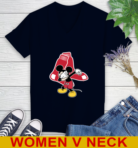 Boston Red Sox MLB Baseball Dabbing Mickey Disney Sports Women's V-Neck T-Shirt 3