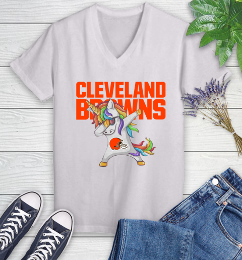 Cleveland Browns NFL Football Funny Unicorn Dabbing Sports Women's V-Neck T-Shirt