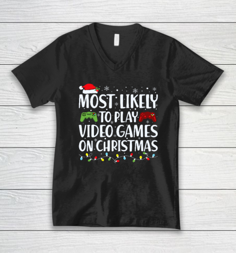 Most Likely To Play Video Game On Christmas Santa Gaming V-Neck T-Shirt