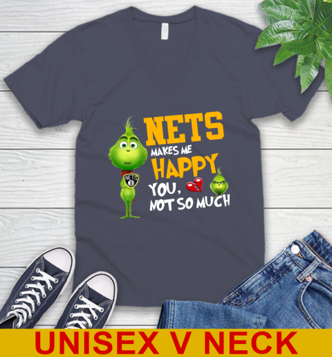 NBA Brooklyn Nets Makes Me Happy You Not So Much Grinch Basketball Sports V-Neck T-Shirt 7