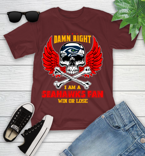 NFL Damn Right I Am A Seattle Seahawks Win Or Lose Skull Football Sports Youth T-Shirt 14