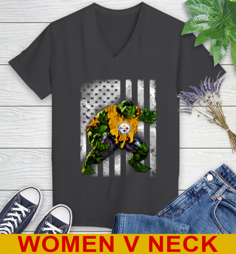 Pittsburgh Steelers Hulk Marvel Avengers NFL Football American Flag Women's V-Neck T-Shirt - Image 9