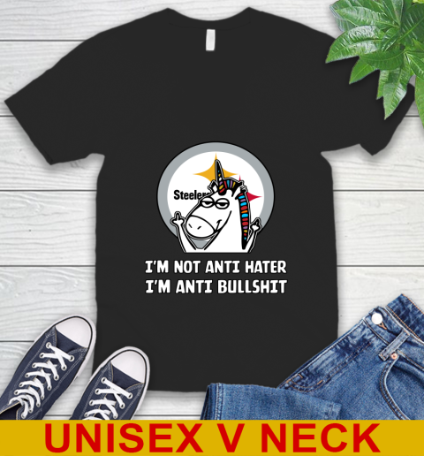 Pittsburgh Steelers NFL Football Unicorn I'm Not Anti Hater I'm Anti Bullshit V-Neck T-Shirt 2
