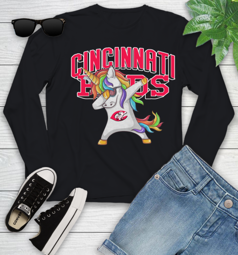 Cincinnati Reds MLB Baseball Funny Unicorn Dabbing Sports Youth Long Sleeve 2