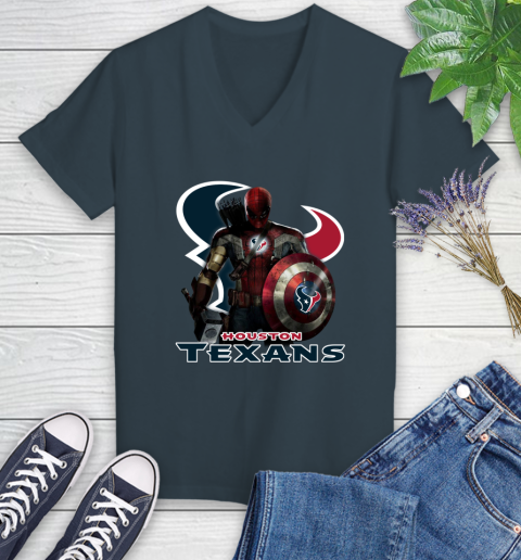 NFL Captain America Thor Spider Man Hawkeye Avengers Endgame Football Houston Texans Women's V-Neck T-Shirt 8